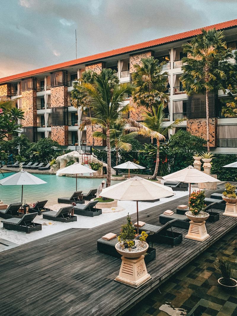 Resort courtyard with loungers